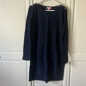 Navy, Lilly sweater dress.  Has hand pocket at front.